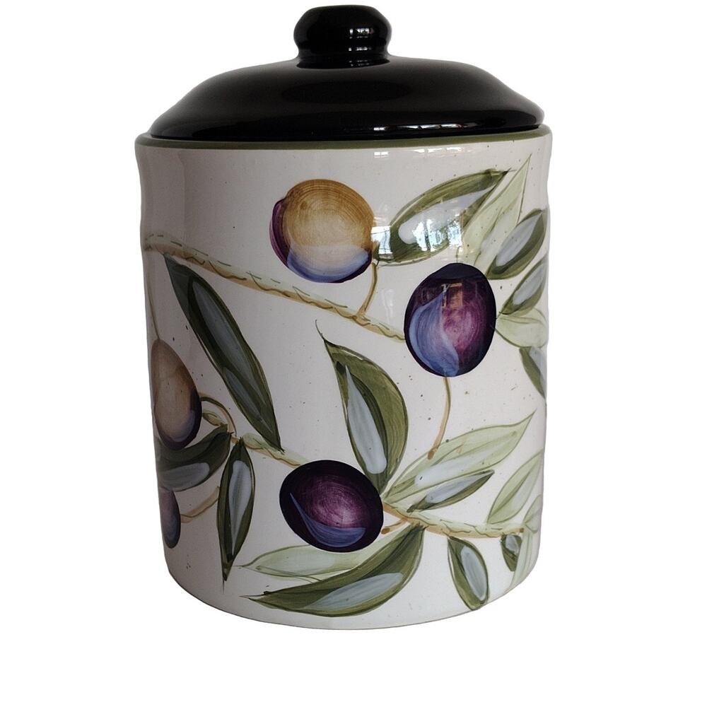 Pier One Ceramic Canister White Green Purple Black Olive Branch Fruit Kitchen 7"